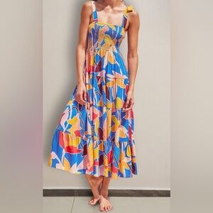 Women's Blue Multicolor Floral Smocked Ruffle Tiered A Line Maxi Dress Size L